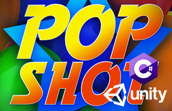 Pop Shot logo with Unity and C-sharp marks over colorful balloons